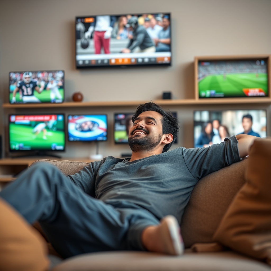 Happy viewer enjoying best instant IPTV trial with multiple channels