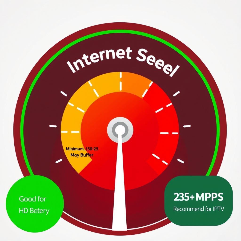 Internet speed gauge infographic showing best internet speed for IPTV streaming