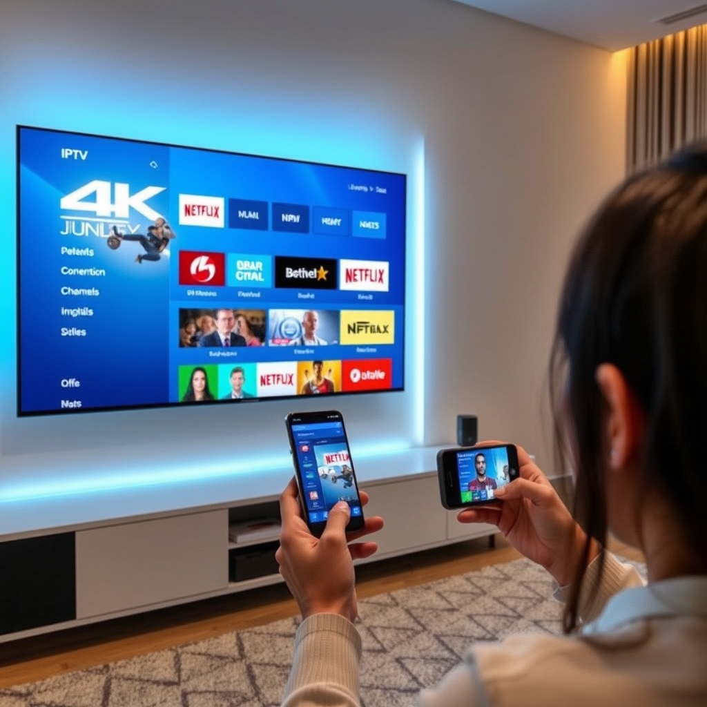 Modern 4K IPTV setup in living room with multi-device control
