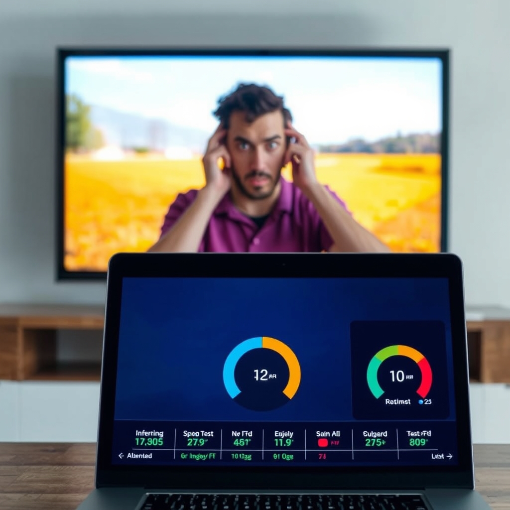 Frustrated user experiencing IPTV buffering, checking internet speed