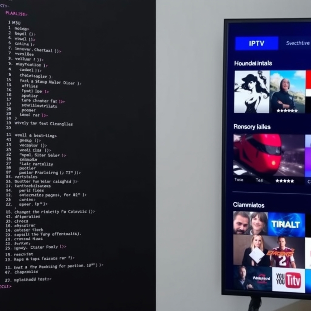 Visual comparison of an IPTV M3U playlist code and the resulting channel guide