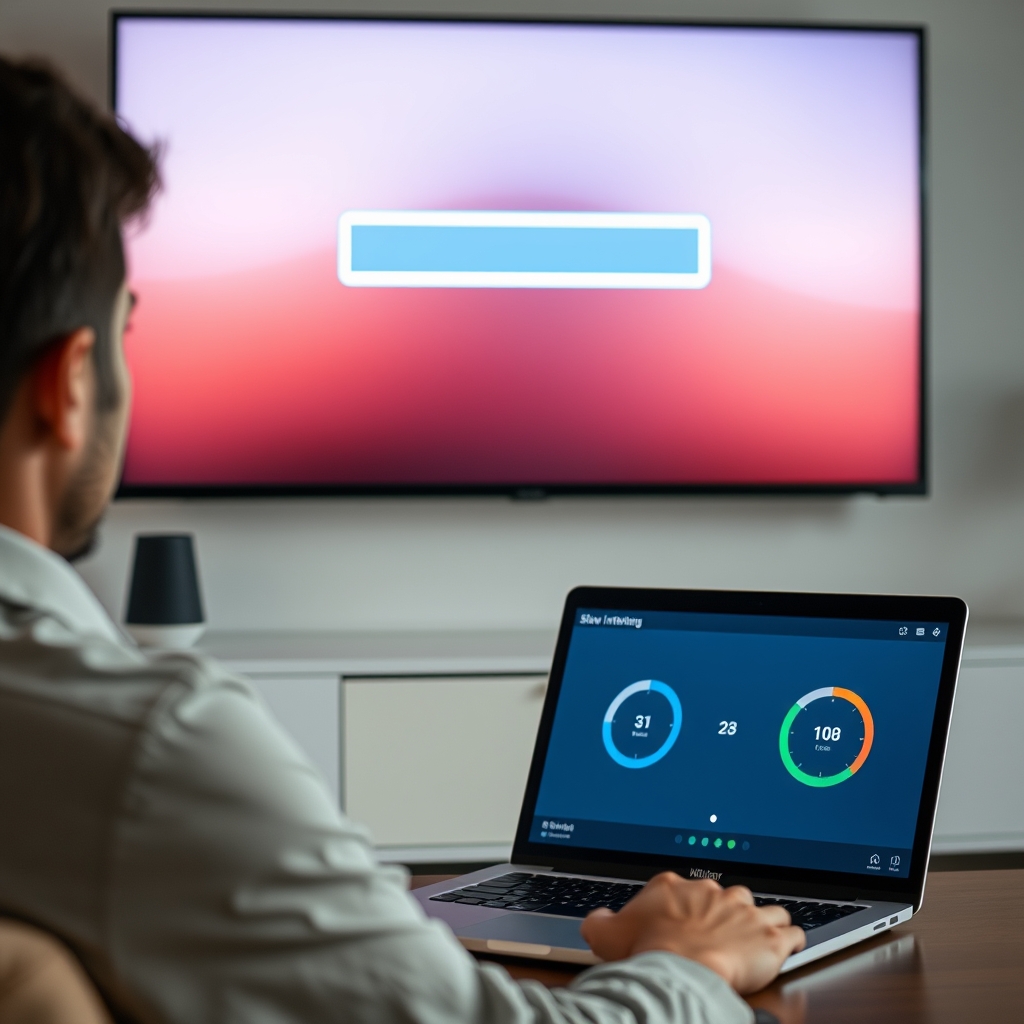 Frustrated user diagnosing slow internet speed causing IPTV buffering